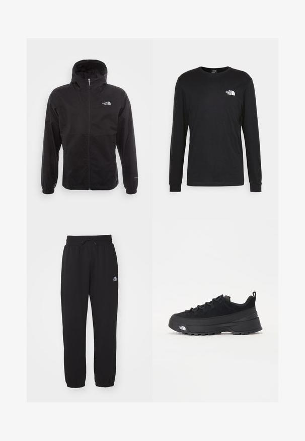 Musta vedenpitävä takki täysihihnalla, säädettävällä huppulla, joustavilla hihansuilla ja logolla rinnassa; kevyt, sileä pinta.; Musta pitkähihaine t-paita, joka on valmistettu puuvillasta ja jossa on valkoinen logo vasemmassa rinnassa sekä ribbauskiristykset. Sileä rakenne ja pyöreä kaula-aukko.; Musta collegehousut pehmeästä kankaasta, joissa on joustava vyötärönyöri, nilkkasaumat ja pieni logo yläreidessä.; Mustamustad välisjalanõud suede ülemise, tekstuuriga kummist tallaga ja tugeva paelaga. Varustatud tugevdatud kanna ja brändi logoga külgedel.