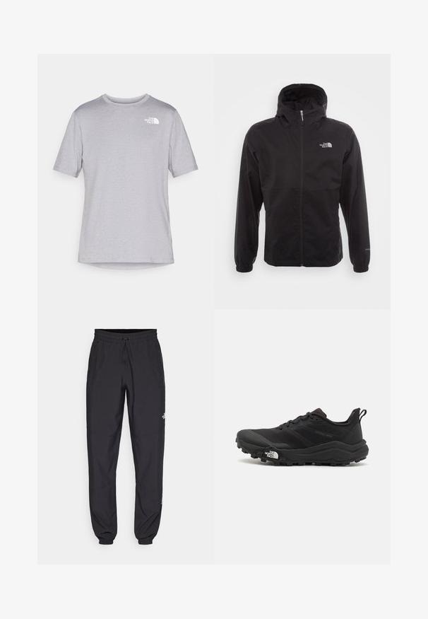 Must have veekindel must jope täispikksu lõpetusega, reguleeritava kapuutsiga, elastsete mansettide ning rinnal oleva logoga; kerge, sile tekstuur.; Hallide lühikeste varrukatega hall T-särk ümmarguse kaelusega, valmistatud kergest kangast, millel on vasakul rinnal väike valge logo. Sile tekstuur.; Mustavad sportlikud püksid, mis on valmistatud kergest kangast, joonlauaga taljest, küljetaskudega ja kitsenevate varrukatega pahkluude juures.; Must tume jooksujalats musta värvi, tekstuurse ülemise osaga, kummist tallaga ja tugevdatud varbaga. Omab pehmendusega krae ja tõmblinti mugavaks selga panemiseks.