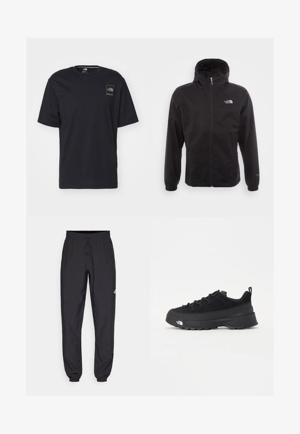 Black waterproof jacket with a full zip, adjustable hood, elastic cuffs, and a logo on the chest; lightweight, smooth texture.; The North Face COORDINATES TEE - Print T-shirt - black; Black athletic pants made from lightweight fabric, featuring a drawstring waistband, side pockets, and tapered cuffs at the ankles.; Black outdoor sneaker with a suede upper, textured rubber sole, and sturdy lacing system. Features a reinforced heel and brand logo on the side.