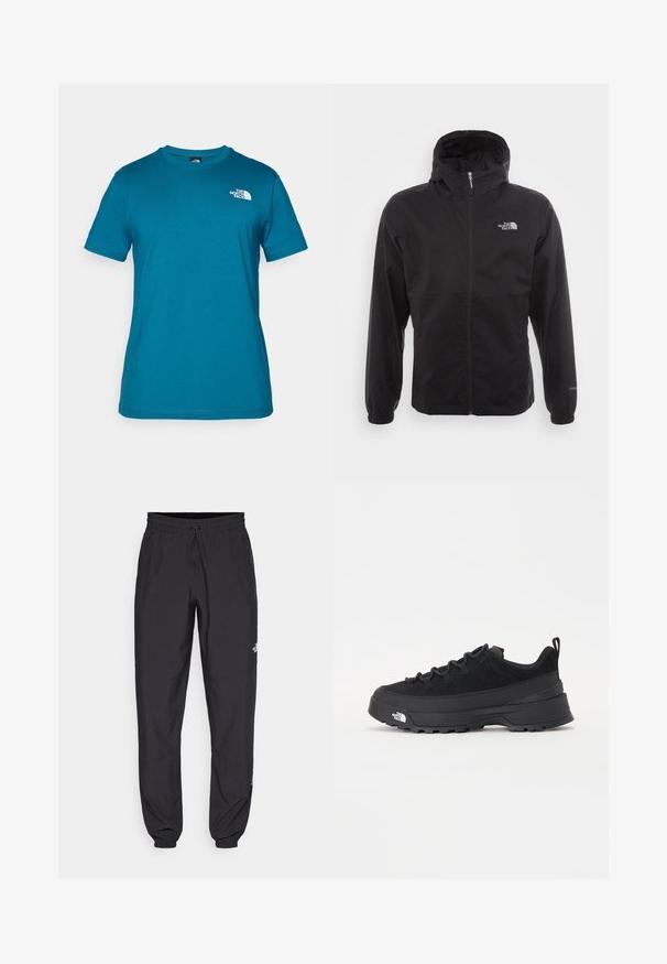 Must have veekindel must jope täispikksu lõpetusega, reguleeritava kapuutsiga, elastsete mansettide ning rinnal oleva logoga; kerge, sile tekstuur.; Teal värvi lühikese varrukaga t-särk, mis on valmistatud pehmest puuvillast, valge logoga, mis on trükitud vasakule rinnaosale ning klassikalise ümarate kaelustega disainiga.; Mustavad sportlikud püksid, mis on valmistatud kergest kangast, joonlauaga taljest, küljetaskudega ja kitsenevate varrukatega pahkluude juures.; Must musta jalats, millel on sametised ülemused, tekstuuriga kummist põhi ja vastupidav sidumise süsteem. Omab tugevdust kannaosas ja brändi logo küljes.