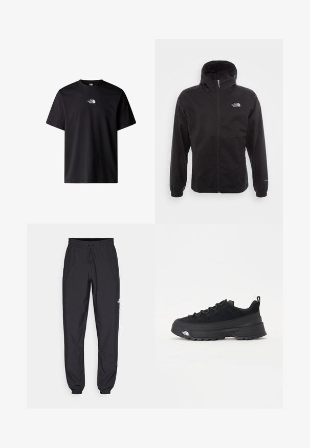 Černá nepromokavá bunda s celopropínacím zipem, nastavitelnou kapucí, elastickými manžetami a logem na hrudi; lehká, hladká textilie.; Černé bavlněné tričko s krátkými rukávy a kulatým výstřihem. Na přední straně se nachází malé bílé logo "The North Face."; Černé sportovní kalhoty vyrobené z lehké tkaniny, s páskem na šňůrku, bočními kapsami a zúženými manžetami na kotnících.; Černé venkovní tenisky s horní částí ze semiše, texturovanou gumovou podrážkou a pevným šněrováním. Obsahují zesílenou patu a logo značky na boku.