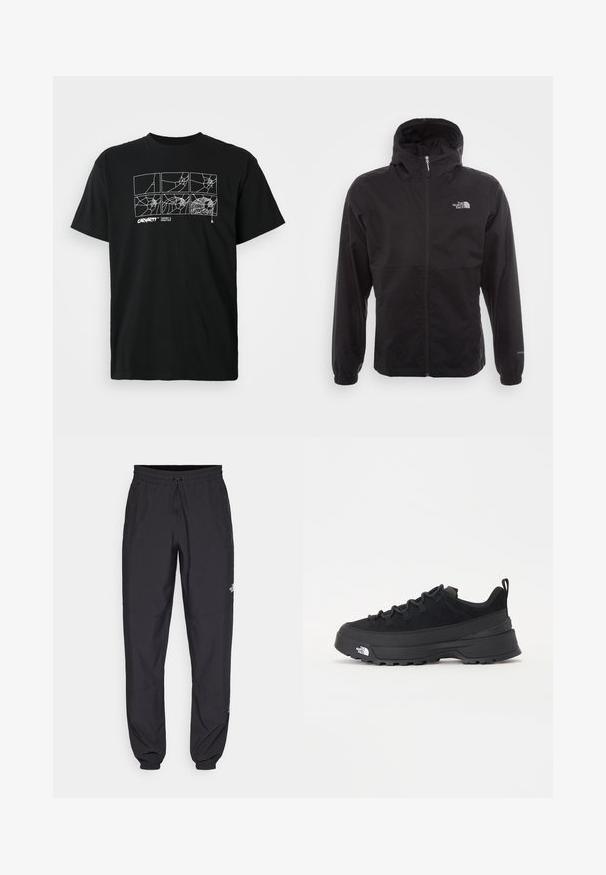 Melna ūdensnecaurlaidīga jaka ar pilnu rāvējslēdzēju, regulējamu kapuci, elastīgām piedurknēm un logo uz krūtīm; viegla, gluda tekstūra.; Melnā kokvilnas T-krekls ar baltu zīmolētu zīda mākslu uz krūtīm, kas attēlo zirnekļa tīklus. Īsas piedurknes un apaļais kakls.; Melni sporta bikses, kas izgatavotas no viegla auduma, ar savelcamu jostu, sānu kabatām un sašaurinātiem apakšējiem galiem pie potītēm.; Melni āra sporta apavi ar zamšādas virsu, teksturētu gumijas zoli un izturīgu auklu sistēmu. Iezīmēts ar pastiprinātu papēdi un zīmola logo sānu daļā.