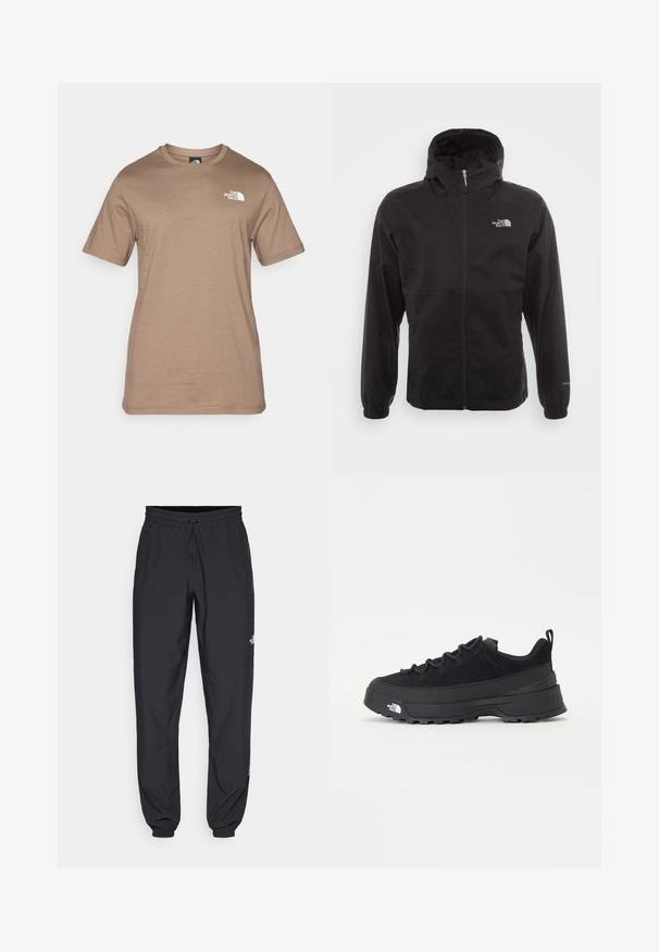 Svart vanntett jakke med full glidelås, justerbar hette, elastiske mansjetter og logo på brystet; lett, glatt tekstur.; Kortermet, lys brun bomull t-skjorte med en liten hvit logo på brystet. Klassisk rund hals, glatt tekstur og vanlig passform.; Sorte idrettsbukser laget av lett stoff, med snor i livet, sidelommer og smale mansjetter ved anklene.; Svart utendørs sneakers med overdel i semsket skinn, teksturert gummisåle og solid snøresystem. Har forsterket hæl og merkevarelogo på siden.