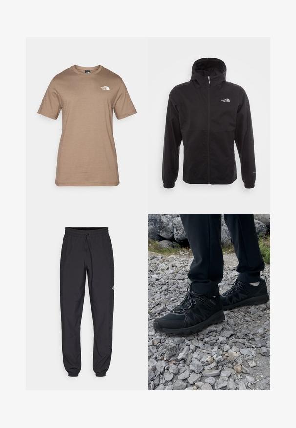 Black waterproof jacket with a full zip, adjustable hood, elastic cuffs, and a logo on the chest; lightweight, smooth texture.; Short-sleeve, light brown cotton t-shirt featuring a small white logo on the chest. Classic crew neck, smooth texture, and standard fit.; Black athletic pants made from lightweight fabric, featuring a drawstring waistband, side pockets, and tapered cuffs at the ankles.; Black outdoor shoes with mesh and synthetic material, featuring a textured upper, secured lacing system, and a rugged outsole, on rocky terrain.