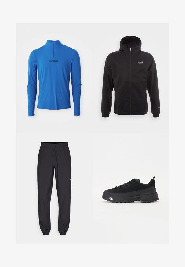 Black waterproof jacket with a full zip, adjustable hood, elastic cuffs, and a logo on the chest; lightweight, smooth texture.; Long-sleeve, quarter-zip top in bright blue, featuring a smooth texture and the printed brand name "CALVIN KLEIN" in black on the front.; Black athletic pants made from lightweight fabric, featuring a drawstring waistband, side pockets, and tapered cuffs at the ankles.; Black outdoor sneaker with a suede upper, textured rubber sole, and sturdy lacing system. Features a reinforced heel and brand logo on the side.