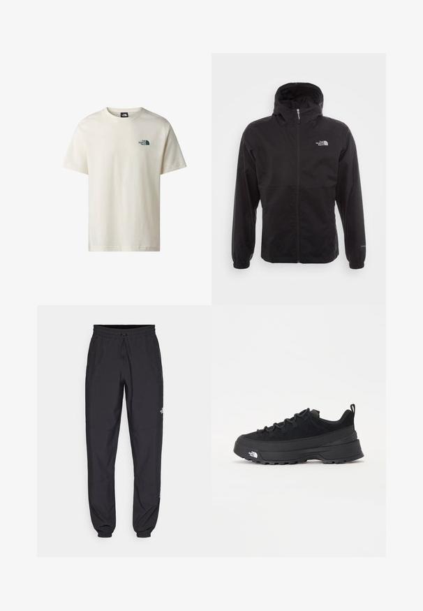 Chaqueta negra impermeable con cremallera completa, capucha ajustable, puños elásticos y un logo en el pecho; ligera, con textura suave.; Camiseta de cuello redondo de manga corta blanca con el logo de The North Face en negro en el lado izquierdo del pecho.; Pantalones deportivos negros hechos de un tejido ligero, con una cinturilla ajustable, bolsillos laterales y puños ajustados en los tobillos.; Zapatilla negra de exterior con parte superior de ante, suela de goma texturizada y un sólido sistema de cordones. Cuenta con un talón reforzado y el logotipo de la marca en el lateral.