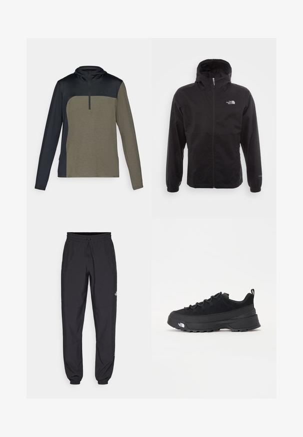 Black waterproof jacket with a full zip, adjustable hood, elastic cuffs, and a logo on the chest; lightweight, smooth texture.; Long-sleeve pullover with a half-zip, featuring a dark navy top and a khaki green lower section made from a textured, breathable fabric.; Black athletic pants made from lightweight fabric, featuring a drawstring waistband, side pockets, and tapered cuffs at the ankles.; Black outdoor sneaker with a suede upper, textured rubber sole, and sturdy lacing system. Features a reinforced heel and brand logo on the side.