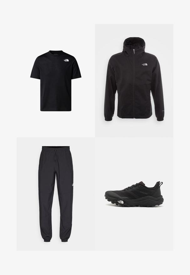 Czarna wodoodporna kurtka z pełnym zamkiem, regulowanym kapturem, elastycznymi mankietami i logo na piersi; lekka, gładka tekstura.; Czarny, krótki rękaw t-shirt wykonany z mieszanki bawełny, z okrągłym dekoltem i małym białym logo na górnej lewej stronie. Gładka faktura.; Czarne spodenki sportowe wykonane z lekkiego materiału, z elastycznym pasem na sznurek, bocznymi kieszeniami i zwężanymi mankietami przy kostkach.; Czarne buty do biegania w terenie z teksturowaną cholewką, gumową podeszwą i wzmocnionym noskiem. Posiadają wyściełany kołnierz oraz uchwyt do łatwego zakładania.