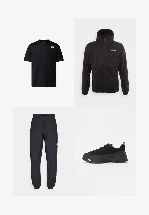 Black waterproof jacket with a full zip, adjustable hood, elastic cuffs, and a logo on the chest; lightweight, smooth texture.; Black short-sleeve t-shirt made of cotton blend, featuring a round neck and a small white logo on the upper left side. Smooth texture.; Black athletic pants made from lightweight fabric, featuring a drawstring waistband, side pockets, and tapered cuffs at the ankles.; Black outdoor sneaker with a suede upper, textured rubber sole, and sturdy lacing system. Features a reinforced heel and brand logo on the side.