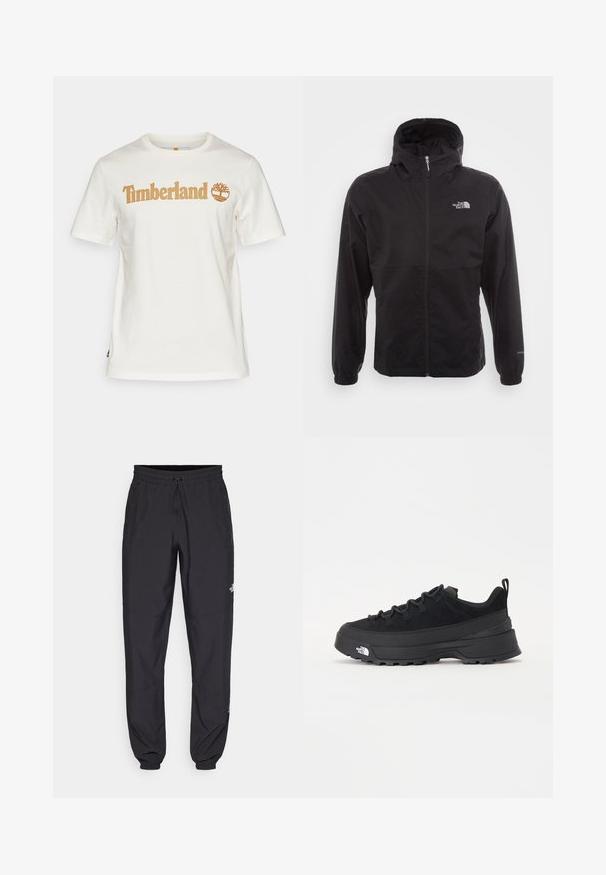 Casaco impermeável preto com fecho completo, capuz ajustável, punhos elásticos e um logótipo no peito; leve, com textura suave.; T-shirt branca de algodão com mangas curtas e decote redondo. Apresenta o logótipo "Timberland" em castanho-claro com um gráfico de árvore.; Calças atléticas pretas feitas de tecido leve, com um cós ajustável por cordão, bolsos laterais e punhos afunilados nos tornozelos.; Sapatilha de exterior preta com parte superior em camurça, sola de borracha texturizada e sistema de atacadores robusto. Apresenta um calcanhar reforçado e o logótipo da marca na lateral.