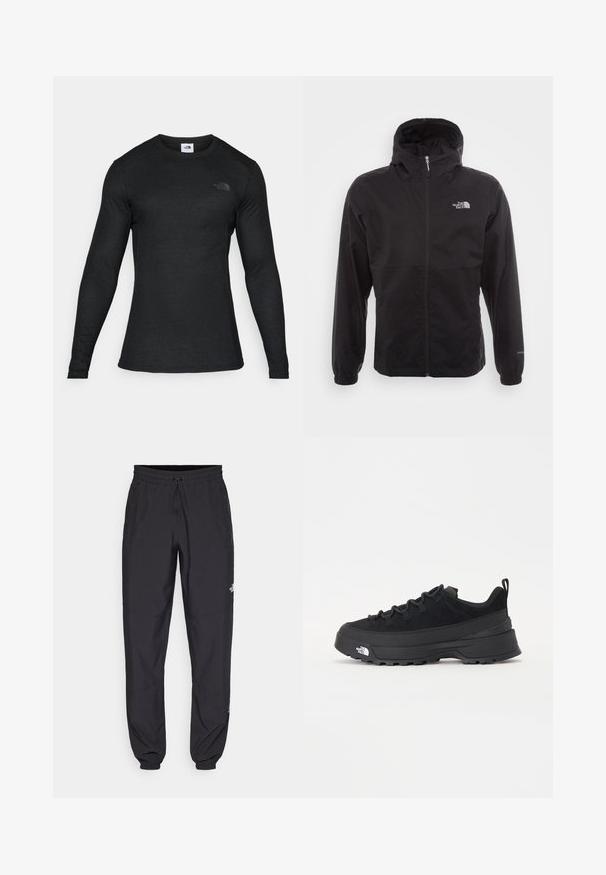 Svart vanntett jakke med full glidelås, justerbar hette, elastiske mansjetter og logo på brystet; lett, glatt tekstur.; Langermet svart skjorte laget av et lett, glatt materiale med rund hals og en liten, svart logo på venstre frontside.; Sorte idrettsbukser laget av lett stoff, med snor i livet, sidelommer og smale mansjetter ved anklene.; Svart utendørs sneakers med overdel i semsket skinn, teksturert gummisåle og solid snøresystem. Har forsterket hæl og merkevarelogo på siden.