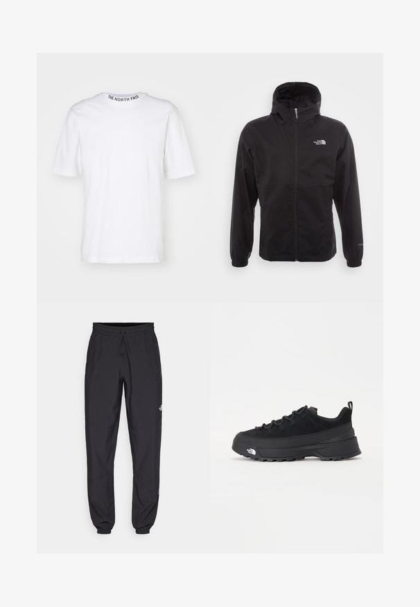 Casaco impermeável preto com fecho completo, capuz ajustável, punhos elásticos e um logótipo no peito; leve, com textura suave.; T-shirt de algodão branco com mangas curtas e gola redonda. Apresenta o texto preto "THE NORTH FACE" bordado na parte de trás da gola.; Calças atléticas pretas feitas de tecido leve, com um cós ajustável por cordão, bolsos laterais e punhos afunilados nos tornozelos.; Sapatilha de exterior preta com parte superior em camurça, sola de borracha texturizada e sistema de atacadores robusto. Apresenta um calcanhar reforçado e o logótipo da marca na lateral.