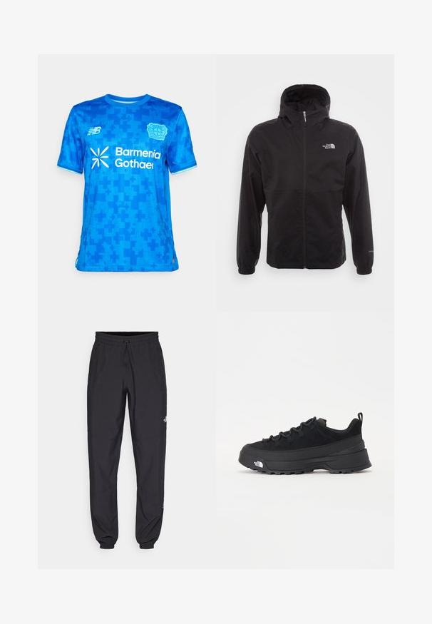 Black waterproof jacket with a full zip, adjustable hood, elastic cuffs, and a logo on the chest; lightweight, smooth texture.; Blue sports jersey with digital cross pattern, New Balance logo, Bayer Leverkusen crest, and "Barmenia Gothaer" sponsor text on front.; Black athletic pants made from lightweight fabric, featuring a drawstring waistband, side pockets, and tapered cuffs at the ankles.; Black outdoor sneaker with a suede upper, textured rubber sole, and sturdy lacing system. Features a reinforced heel and brand logo on the side.
