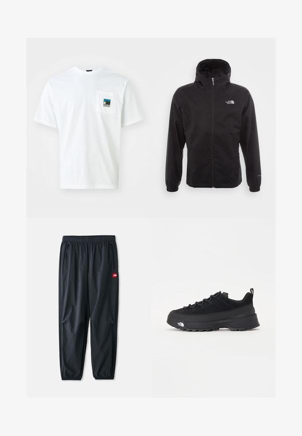 Juodas vandeniui atsparus švarkas su pilnu užtrauktuku, reguliuojama kapuce, elastingais rankogaliais ir logotipu ant krūtinės; lengvas, lygaus paviršiaus.; Balta medvilninė marškinėlių su trumpomis rankovėmis, turinti krūtinės kišenę su spalvota grafika kalnų tema ir tekstu "THE NORTH FACE".; Juodi lengvi kelnes pagamintos iš sintetinio audinio, su elastingu juosmeniu, užtrauktukais šoninėmis kišenėmis ir mažą raudoną logotipo etikete.; Juodas lauko sportinis batelis su zomšiniu viršumi, tekstūruota guma padais ir tvirtas raištelių sistema. Yra sustiprinta kulno dalis ir prekės ženklo logotipas šone.