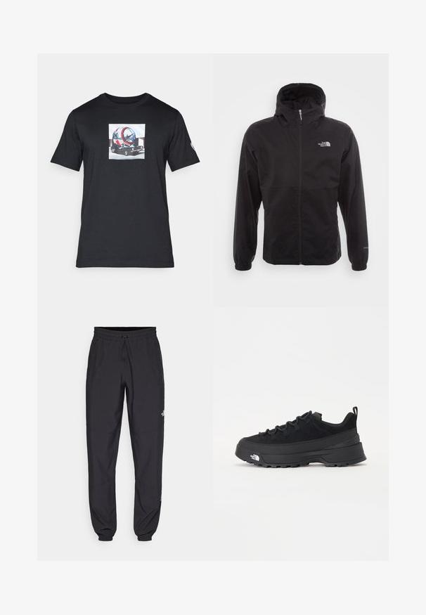 Zwarte waterdichte jack met volledige rits, verstelbare capuchon, elastische manchetten en een logo op de borst; lichtgewicht, gladde textuur.; Zwarte katoenen T-shirt met een voorzijde grafisch ontwerp van een kleurrijke duikhelm op een auto. Korte mouwen en een ronde halsontwerp.; Zwarte sportieve broek gemaakt van lichtgewicht stof, met een trekkoord in de taille, zijzakken en taps toelopende boorden bij de enkels.; Zwarte outdoor sneaker met een suede bovenkant, een gestructureerde rubberen zool en een stevig vetersysteem. Heeft een versterkte hiel en een merklogo aan de zijkant.