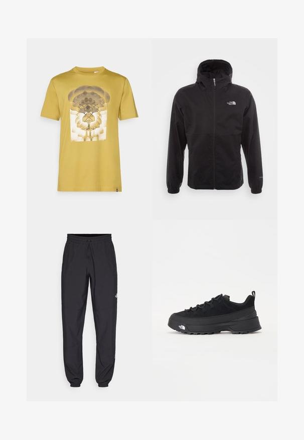Jachetă neagră, impermeabilă, cu fermoar complet, glugă ajustabilă, manșete elastice și un logo pe piept; ușoară, cu o textură netedă.; Tricou din bumbac galben, prezentând un design grafic central cu forme rotunjite și un model floral în gri și alb. Mâneci scurte, gât rotund.; Pantaloni atletici negri, confecționați dintr-un material ușor, cu un tiv elastic la talie, buzunare laterale și tivuri ajustate la gleznă.; Tenisi de exterior negri cu superior din daim, talpă din cauciuc texturat și sistem de șireturi solid. Prezintă un călcâi întărit și un logo al mărcii pe lateral.