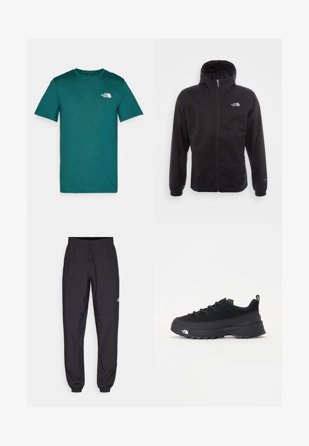Fekete, vízálló dzseki teljes cipzárral, állítható kapucnival, rugalmas mandzsettákkal és mellkasi logóval; könnyű, sima textúrájú.; Tölgyzöld, rövid ujjú póló, puha pamutból készült, kerek nyakkivágással és fehér logóval a bal mellen. Egyszerű dizájn, minták nélkül.; Fekete sportnadrág, könnyű anyagból készült, húzózsinóros derékkal, oldalsó zsebekkel és szűkített szárakkal a bokáknál.; Fekete kültéri sneaker velúr felsőrésszel, texturált gumitalppal és strapabíró fűzőrendszerrel. Megerősített sarkú és oldalán márkalogóval rendelkezik.