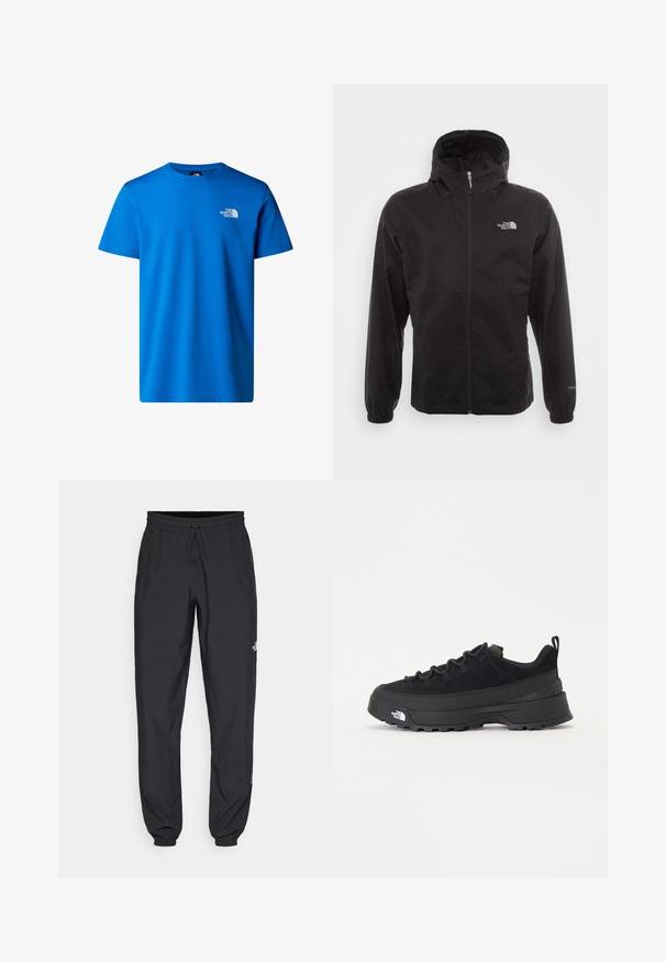 Svart vattentät jacka med full dragkedja, justerbar huva, elastiska ärmslut och en logotyp på bröstet; lätt och slät textur.; Blå bomullströja med korta ärmar, rund halsringning och en liten vit logotyp på vänster bröstområde. Slät yta.; Svarta träningsbyxor tillverkade av lättviktsmaterial, med dragsko i midjan, sidofickor och avsmalnande muddar vid anklarna.; Svart utomhussko med ovandel i mocka, texturerad gummisula och robust snörningssystem. Har en förstärkt häl och varumärkeslogotyp på sidan.