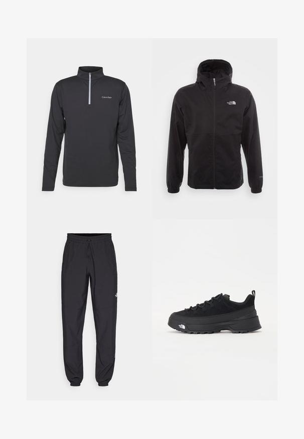 Melna ūdensnecaurlaidīga jaka ar pilnu rāvējslēdzēju, regulējamu kapuci, elastīgām piedurknēm un logo uz krūtīm; viegla, gluda tekstūra.; Melna, garās piedurknes džemperis ar ceturtdaļas rāvējslēdzēja apkakli. Tam ir logo kreisajā krūtīs un tas ir izgatavots no gludas, vieglas auduma.; Melni sporta bikses, kas izgatavotas no viegla auduma, ar savelcamu jostu, sānu kabatām un sašaurinātiem apakšējiem galiem pie potītēm.; Melni āra sporta apavi ar zamšādas virsu, teksturētu gumijas zoli un izturīgu auklu sistēmu. Iezīmēts ar pastiprinātu papēdi un zīmola logo sānu daļā.