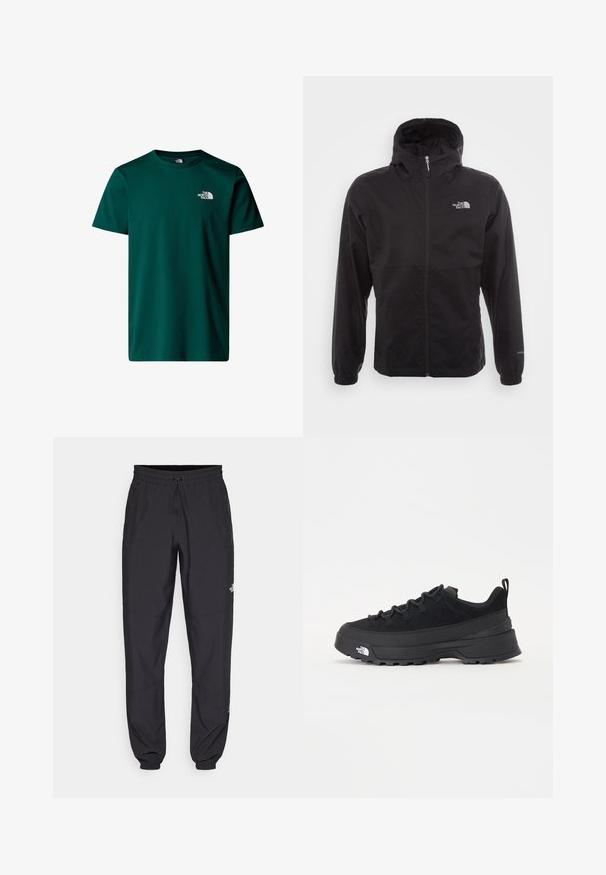 Czarna wodoodporna kurtka z pełnym zamkiem, regulowanym kapturem, elastycznymi mankietami i logo na piersi; lekka, gładka tekstura.; Zielona bawełniana koszulka z okrągłym dekoltem, krótkimi rękawami i małym białym logo po lewej górnej stronie. Gładka tekstura, klasyczny krój.; Czarne spodenki sportowe wykonane z lekkiego materiału, z elastycznym pasem na sznurek, bocznymi kieszeniami i zwężanymi mankietami przy kostkach.; Czarne sneakersy outdoorowe z zamszowym wierzchem, teksturowaną gumową podeszwą i solidnym systemem sznurowania. Posiadają wzmocnioną piętę oraz logo marki na boku.