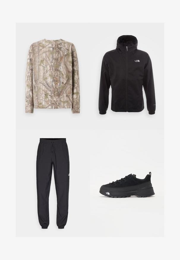 Black waterproof jacket with a full zip, adjustable hood, elastic cuffs, and a logo on the chest; lightweight, smooth texture.; Long-sleeve shirt in a camo pattern featuring shades of brown, green, and gray, with a round neck and a relaxed fit. Textured surface resembles tree bark.; Black athletic pants made from lightweight fabric, featuring a drawstring waistband, side pockets, and tapered cuffs at the ankles.; Black outdoor sneaker with a suede upper, textured rubber sole, and sturdy lacing system. Features a reinforced heel and brand logo on the side.