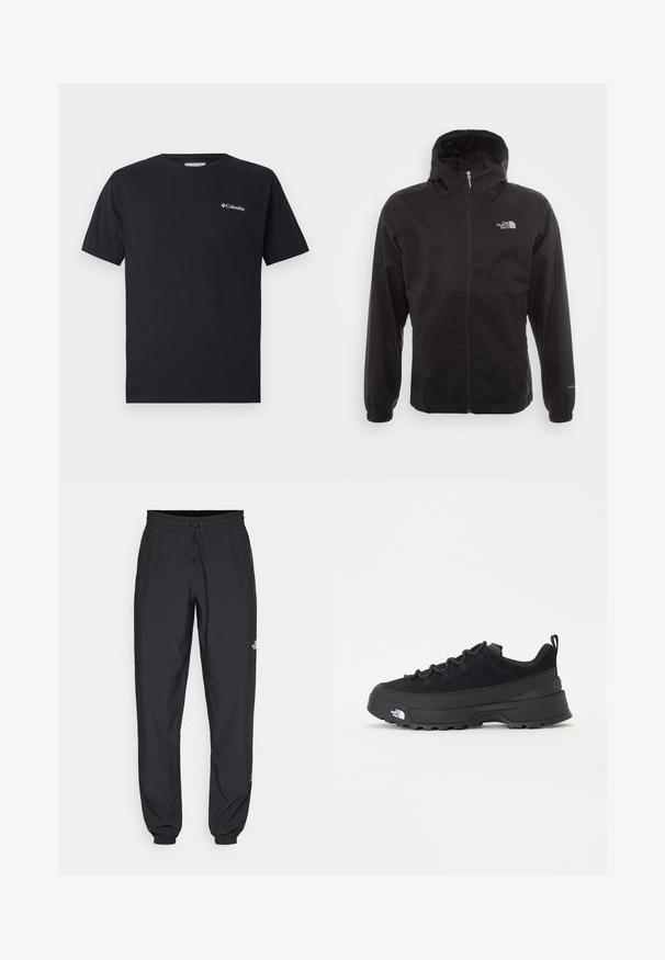 Must have veekindel must jope täispikksu lõpetusega, reguleeritava kapuutsiga, elastsete mansettide ning rinnal oleva logoga; kerge, sile tekstuur.; Must muströöpide t-särk, mis on valmistatud puuvillast, ning mille vasakul rinnal on väike valge Columbia logo. Klassikaline ümar kaelus ja lõdvestunud lõige.; Mustavad sportlikud püksid, mis on valmistatud kergest kangast, joonlauaga taljest, küljetaskudega ja kitsenevate varrukatega pahkluude juures.; Must musta jalats, millel on sametised ülemused, tekstuuriga kummist põhi ja vastupidav sidumise süsteem. Omab tugevdust kannaosas ja brändi logo küljes.