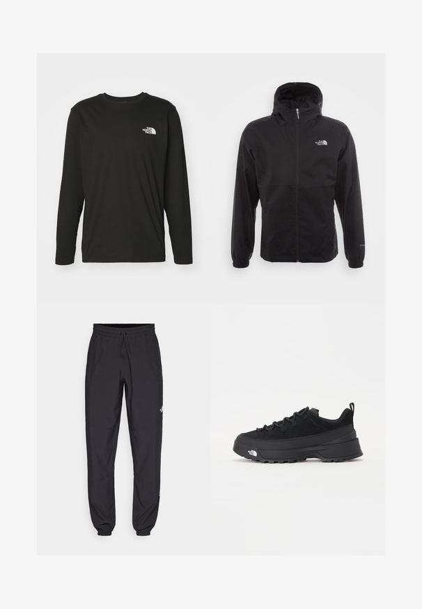 Schwarze wasserdichte Jacke mit durchgehendem Reißverschluss, verstellbarem Kapuzen, elastischen Bündchen und einem Logo auf der Brust; leicht und mit glatter Textur.; Schwarzes langärmeliges T-Shirt aus Baumwolle mit einem weißen Logo von The North Face auf der linken Brust. Einfaches Rundhalsdesign.; Schwarze Sporthosen aus leichtem Stoff, mit einem Kordelzugbund, seitlichen Taschen und schmal zulaufenden Bündchen an den Knöcheln.; Schwarzer Outdoorsneaker mit einem Obermaterial aus Wildleder, strukturierter Gummisohle und robustem Schnürsystem. Verfügt über eine verstärkte Ferse und das Markenlogo an der Seite.