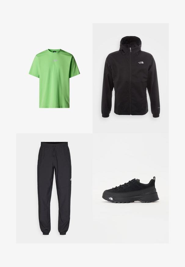 Sort vandtæt jakke med fuld lynlås, justerbar hætte, elastiske manchetter og et logo på brystet; letvægts, glat tekstur.; Kortærmet t-shirt i lys grøn bomuld med et lille, hvidt The North Face-logo på brystet og et klassisk rundhalsdesign.; Sorte atletiske bukser lavet af letvægtsstof, med en snor i taljen, sidelommer og tapered manchetter ved anklerne.; Sort udendørs sneakers med overdel i ruskind, tekstureret gummisål og robust snøringssystem. Har en forstærket hæl og logo fra mærket på siden.