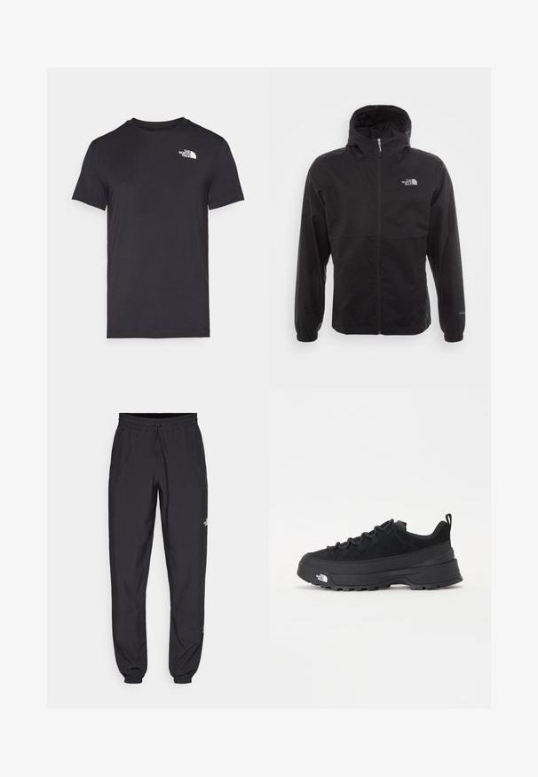Svart vanntett jakke med full glidelås, justerbar hette, elastiske mansjetter og logo på brystet; lett, glatt tekstur.; Svart kortermet T-skjorte laget av myk stoff med en liten hvit logo på øvre venstre side. Klassisk rundhalsdesign med normal passform.; Sorte idrettsbukser laget av lett stoff, med snor i livet, sidelommer og smale mansjetter ved anklene.; Svart utendørs sneakers med overdel i semsket skinn, teksturert gummisåle og solid snøresystem. Har forsterket hæl og merkevarelogo på siden.