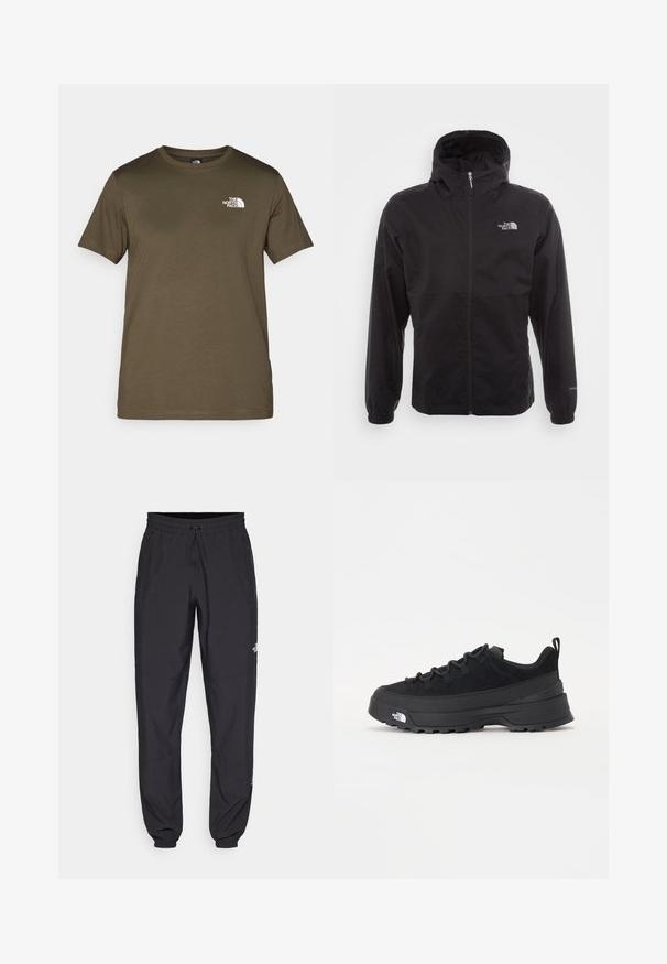 Črna vodotesna jakna s polnim zadrgo, nastavljivo kapuco, elastičnimi manšeti in logotipom na prsih; lahka, gladka tekstura.; Olivno zeleni bombažni T-shirt s kratkimi rokavi, okroglim izrezom in belim logotipom na levem prsnem delu. Gladka tekstura blaga, običajen kroj.; Črne atletske hlače iz lahkega materiala, ki imajo elastični pas z vezalko, stranske žepe in zožene manšete na gležnjih.; Črne zunanje teniske s zgornjim delom iz usnja z nubukom, teksturiranim gumijastim podplatom in trdnim vezalnim sistemom. Imajo ojačan petni del in logotip blagovne znamke na strani.