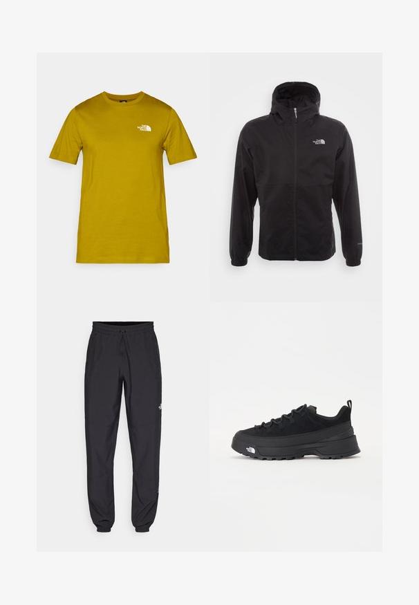 Casaco impermeável preto com fecho completo, capuz ajustável, punhos elásticos e um logótipo no peito; leve, com textura suave.; T-shirt de algodão de mangas curtas em mostarda, com um logotipo branco impresso no lado esquerdo do peito. Gola redonda com um corte standard e textura suave.; Calças atléticas pretas feitas de tecido leve, com um cós ajustável por cordão, bolsos laterais e punhos afunilados nos tornozelos.; Sapatilha de exterior preta com parte superior em camurça, sola de borracha texturizada e sistema de atacadores robusto. Apresenta um calcanhar reforçado e o logótipo da marca na lateral.