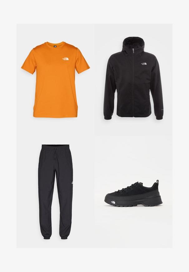 Juodas vandeniui atsparus švarkas su pilnu užtrauktuku, reguliuojama kapuce, elastingais rankogaliais ir logotipu ant krūtinės; lengvas, lygaus paviršiaus.; Oranžinė trumpomis rankovėmis medvilninė marškinėliai, kuriuose ant kairiojo krūtinės puikuojasi mažas baltas logotipas. Apvali iškirptė ir tiesus apdaila.; Juodos sportinės kelnės, pagamintos iš lengvos medžiagos, su raišteliu liemens srityje, šoniniais kišenėmis ir siaurėjantys apykaklės prie kulkšnies.; Juodas lauko sportinis batelis su zomšiniu viršumi, tekstūruota guma padais ir tvirtas raištelių sistema. Yra sustiprinta kulno dalis ir prekės ženklo logotipas šone.