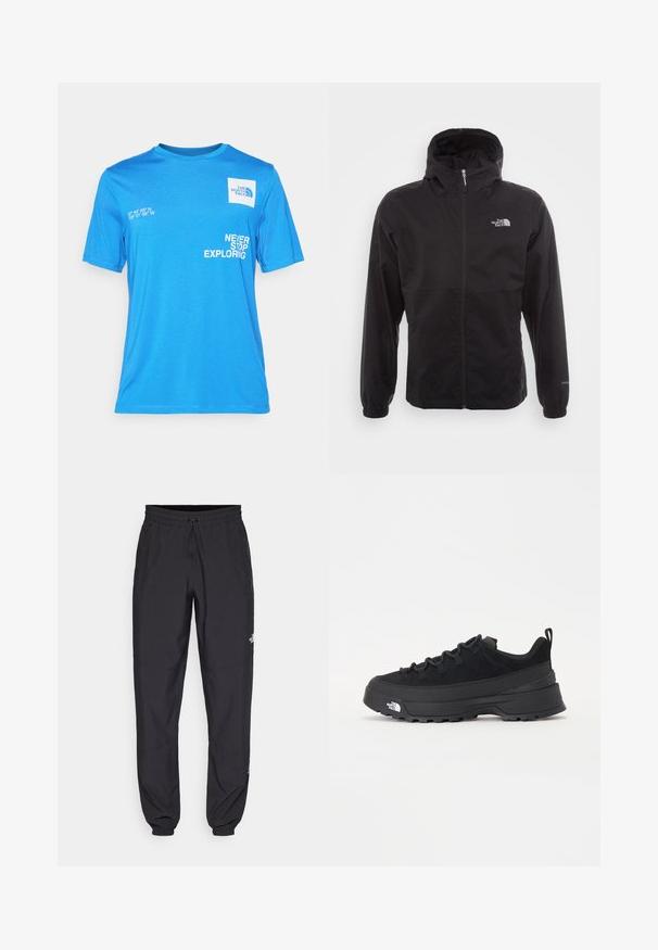 Czarna wodoodporna kurtka z pełnym zamkiem, regulowanym kapturem, elastycznymi mankietami i logo na piersi; lekka, gładka tekstura.; Niebieska bawełniana koszulka z krótkim rękawem, okrągłym dekoltem i nadrukowanym tekstem. Zawiera logo i współrzędne z przodu.; Czarne spodenki sportowe wykonane z lekkiego materiału, z elastycznym pasem na sznurek, bocznymi kieszeniami i zwężanymi mankietami przy kostkach.; Czarne sneakersy outdoorowe z zamszowym wierzchem, teksturowaną gumową podeszwą i solidnym systemem sznurowania. Posiadają wzmocnioną piętę oraz logo marki na boku.
