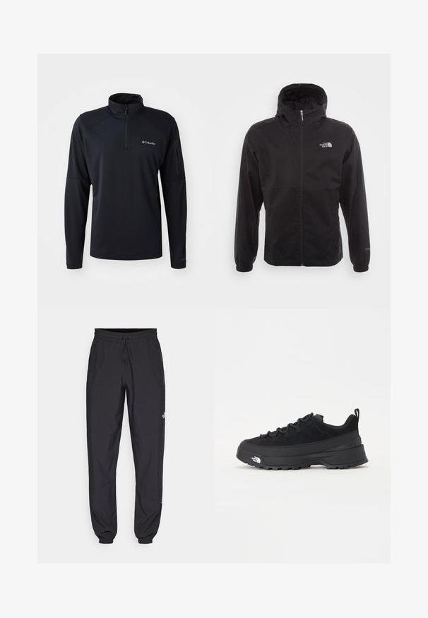 Svart vattentät jacka med full dragkedja, justerbar huva, elastiska ärmslut och en logotyp på bröstet; lätt och slät textur.; Svart pullover med halv dragkedja, tillverkad av mjuk och elastisk tyg. Har raglanärmar, en ficka med dragkedja på vänster arm och logodetalj.; Svarta träningsbyxor tillverkade av lättviktsmaterial, med dragsko i midjan, sidofickor och avsmalnande muddar vid anklarna.; Svart utomhussko med ovandel i mocka, texturerad gummisula och robust snörningssystem. Har en förstärkt häl och varumärkeslogotyp på sidan.