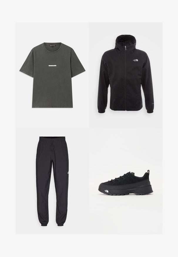 Melna ūdensnecaurlaidīga jaka ar pilnu rāvējslēdzēju, regulējamu kapuci, elastīgām piedurknēm un logo uz krūtīm; viegla, gluda tekstūra.; Pelēka kokvilnas T-kreklā ar īsām piedurknēm, apaļu kakla izgriezumu un balti drukātu logotipu uz krūtīm. Gluda tekstūra ar ikdienišķu dizainu.; Melni sporta bikses, kas izgatavotas no viegla auduma, ar savelcamu jostu, sānu kabatām un sašaurinātiem apakšējiem galiem pie potītēm.; Melni āra sporta apavi ar zamšādas virsu, teksturētu gumijas zoli un izturīgu auklu sistēmu. Iezīmēts ar pastiprinātu papēdi un zīmola logo sānu daļā.