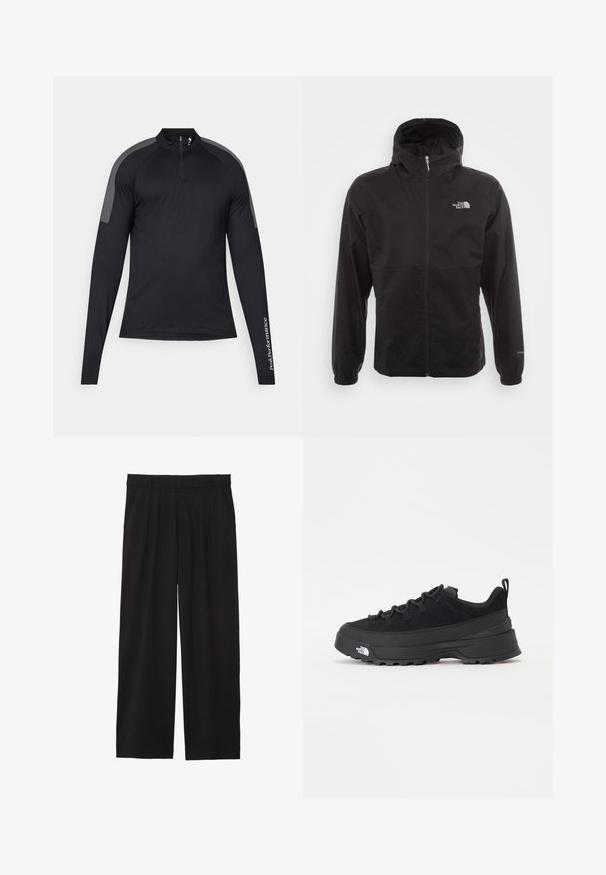 Black waterproof jacket with a full zip, adjustable hood, elastic cuffs, and a logo on the chest; lightweight, smooth texture.; Black long-sleeve athletic shirt with a quarter zip and grey shoulder accents. Features "PeakPerformance" text on the left sleeve.; Black wide-leg trousers with a pleated front, side pockets, and a smooth fabric texture. Designed for a relaxed fit.; Black outdoor sneaker with a suede upper, textured rubber sole, and sturdy lacing system. Features a reinforced heel and brand logo on the side.