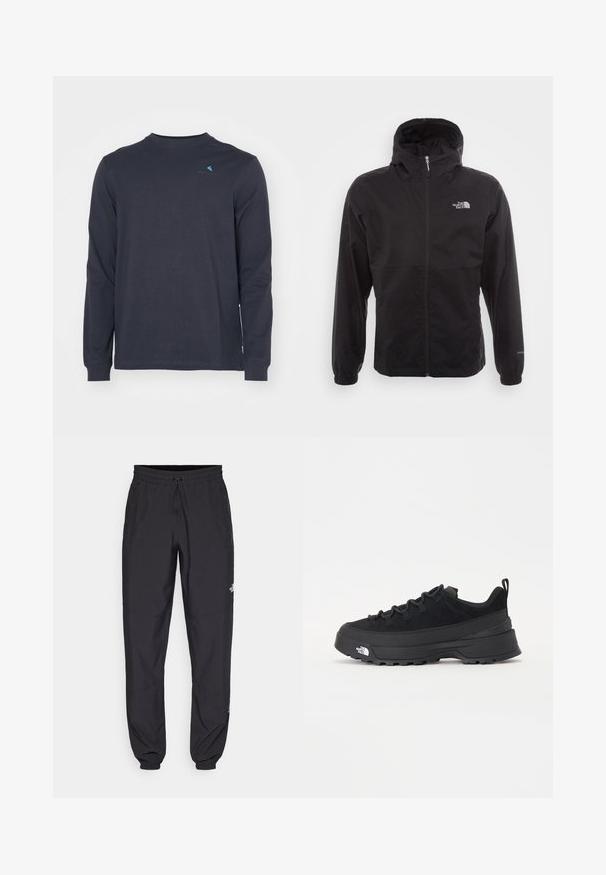 Fekete, vízálló dzseki teljes cipzárral, állítható kapucnival, rugalmas mandzsettákkal és mellkasi logóval; könnyű, sima textúrájú.; Klättermusen ROOT LOGO TEE - Hosszú ujjú felső - raven; Fekete sportnadrág, könnyű anyagból készült, húzózsinóros derékkal, oldalsó zsebekkel és szűkített szárakkal a bokáknál.; Fekete kültéri sneaker velúr felsőrésszel, texturált gumitalppal és strapabíró fűzőrendszerrel. Megerősített sarkú és oldalán márkalogóval rendelkezik.