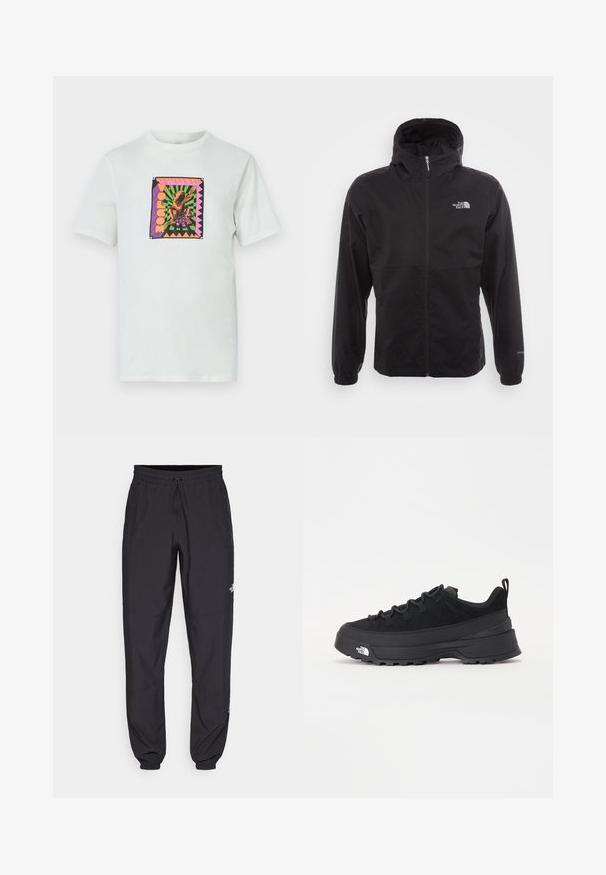 Black waterproof jacket with a full zip, adjustable hood, elastic cuffs, and a logo on the chest; lightweight, smooth texture.; White cotton t-shirt featuring a square, colorful graphic with a frog design and text, set against a geometric background and accented edges.; Black athletic pants made from lightweight fabric, featuring a drawstring waistband, side pockets, and tapered cuffs at the ankles.; Black outdoor sneaker with a suede upper, textured rubber sole, and sturdy lacing system. Features a reinforced heel and brand logo on the side.