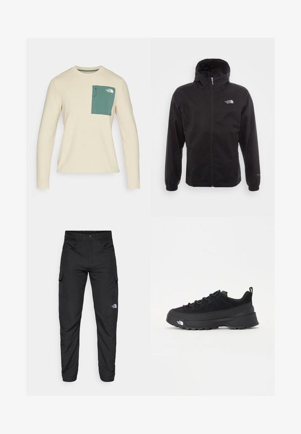 Jachetă neagră, impermeabilă, cu fermoar complet, glugă ajustabilă, manșete elastice și un logo pe piept; ușoară, cu o textură netedă.; Top bej cu mâneci lungi, realizat dintr-un material texturat, având o buzunar pe piept de culoare verde, cu șnur și detalii cu logo.; The North Face HORIZON PANT - Pantaloni outdoor - black; Tenisi de exterior negri cu superior din daim, talpă din cauciuc texturat și sistem de șireturi solid. Prezintă un călcâi întărit și un logo al mărcii pe lateral.