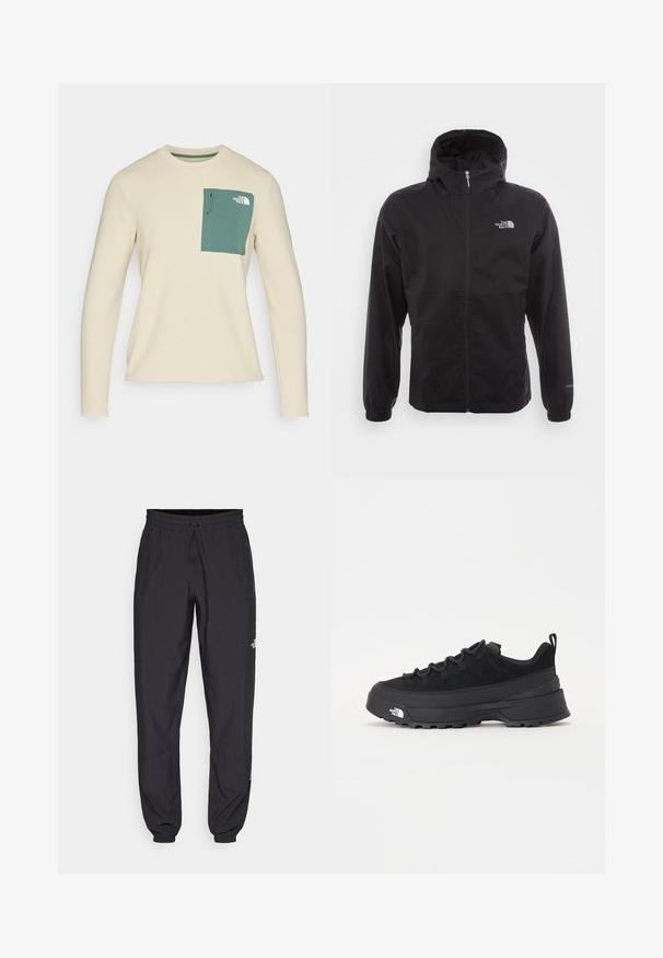 Jachetă neagră, impermeabilă, cu fermoar complet, glugă ajustabilă, manșete elastice și un logo pe piept; ușoară, cu o textură netedă.; Top bej cu mâneci lungi, realizat dintr-un material texturat, având o buzunar pe piept de culoare verde, cu șnur și detalii cu logo.; Pantaloni atletici negri, confecționați dintr-un material ușor, cu un tiv elastic la talie, buzunare laterale și tivuri ajustate la gleznă.; Tenisi de exterior negri cu superior din daim, talpă din cauciuc texturat și sistem de șireturi solid. Prezintă un călcâi întărit și un logo al mărcii pe lateral.