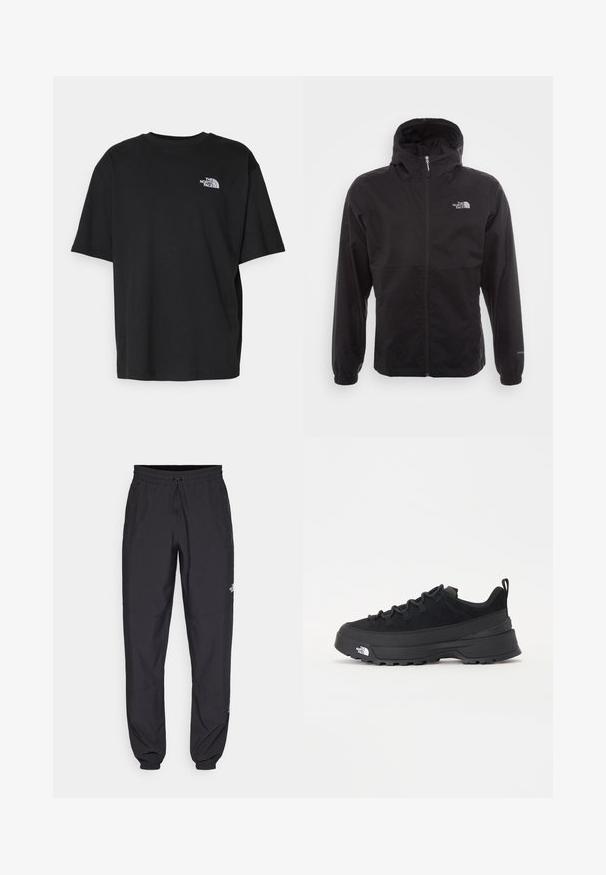 Černá nepromokavá bunda s celopropínacím zipem, nastavitelnou kapucí, elastickými manžetami a logem na hrudi; lehká, hladká textilie.; Černé bavlněné tričko s kulatým výstřihem a krátkými rukávy. Na levé části hrudi se nachází bílé logo. Jednoduchý, volný střih.; Černé sportovní kalhoty vyrobené z lehké tkaniny, s páskem na šňůrku, bočními kapsami a zúženými manžetami na kotnících.; Černé venkovní tenisky s horní částí ze semiše, texturovanou gumovou podrážkou a pevným šněrováním. Obsahují zesílenou patu a logo značky na boku.