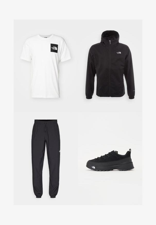 Sort vandtæt jakke med fuld lynlås, justerbar hætte, elastiske manchetter og et logo på brystet; letvægts, glat tekstur.; Hvid bomulds t-shirt med en sort firkantet lomme med "The North Face" logo i hvid. Kortærmet og med rund halsudskæring.; Sorte atletiske bukser lavet af letvægtsstof, med en snor i taljen, sidelommer og tapered manchetter ved anklerne.; Sort udendørs sneakers med overdel i ruskind, tekstureret gummisål og robust snøringssystem. Har en forstærket hæl og logo fra mærket på siden.
