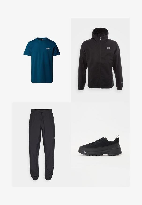 Černá nepromokavá bunda s celopropínacím zipem, nastavitelnou kapucí, elastickými manžetami a logem na hrudi; lehká, hladká textilie.; The North Face M SS SIMPLE DOME TEE - Sportovní tričko - midnight petrol; Černé sportovní kalhoty vyrobené z lehké tkaniny, s páskem na šňůrku, bočními kapsami a zúženými manžetami na kotnících.; Černé venkovní tenisky s horní částí ze semiše, texturovanou gumovou podrážkou a pevným šněrováním. Obsahují zesílenou patu a logo značky na boku.