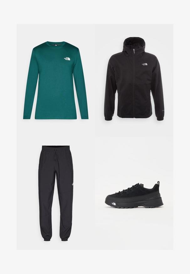 Fekete, vízálló dzseki teljes cipzárral, állítható kapucnival, rugalmas mandzsettákkal és mellkasi logóval; könnyű, sima textúrájú.; Hosszú ujjú türkiz színű póló, puha anyagból készült. Kerek nyakkal és egy kis fehér logóval rendelkezik a bal mellrészen. Sima textúrájú.; Fekete sportnadrág, könnyű anyagból készült, húzózsinóros derékkal, oldalsó zsebekkel és szűkített szárakkal a bokáknál.; Fekete kültéri sneaker velúr felsőrésszel, texturált gumitalppal és strapabíró fűzőrendszerrel. Megerősített sarkú és oldalán márkalogóval rendelkezik.
