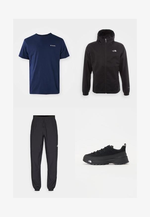 Crna vodootporna jakna s punim patentnim zatvaračem, podesivim kapuljačom, elastičnim manžetama i logom na prsima; lagana, glatke teksture.; Tamno plava pamučna majica s kratkim rukavima s okruglim izrezom i malim bijelim logotipom Columbia na lijevoj strani prsnog koša. Meka tekstura, klasičan kroj.; Crne sportske hlače od lagane tkanine, s pojasom na vezanje, bočnim džepovima i suženim manžetama na gležnjevima.; Crne vanjske tenisice s gornjim dijelom od antilopa, teksturiranim gumenim potplatom i čvrstim sustavom vezanja. Imaju ojačan petni deo i logo brenda sa strane.