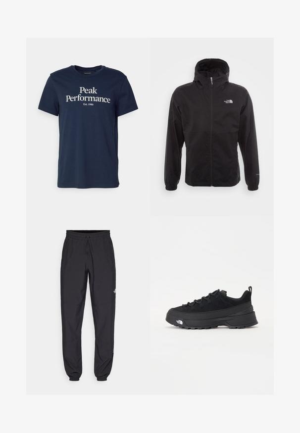 Casaco impermeável preto com fecho completo, capuz ajustável, punhos elásticos e um logótipo no peito; leve, com textura suave.; T-shirt de algodão azul-marinho com o texto "Peak Performance" em branco, com "Est. 1986" abaixo. Gola redonda clássica e mangas curtas.; Calças atléticas pretas feitas de tecido leve, com um cós ajustável por cordão, bolsos laterais e punhos afunilados nos tornozelos.; Sapatilha de exterior preta com parte superior em camurça, sola de borracha texturizada e sistema de atacadores robusto. Apresenta um calcanhar reforçado e o logótipo da marca na lateral.