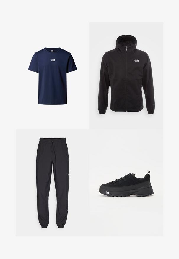 Černá nepromokavá bunda s celopropínacím zipem, nastavitelnou kapucí, elastickými manžetami a logem na hrudi; lehká, hladká textilie.; Námorně modré bavlněné tričko s klasickým kulatým výstřihem a krátkými rukávy, přičemž na hrudi je bílá značka. Hladká textura, nezdobený design.; Černé sportovní kalhoty vyrobené z lehké tkaniny, s páskem na šňůrku, bočními kapsami a zúženými manžetami na kotnících.; Černé venkovní tenisky s horní částí ze semiše, texturovanou gumovou podrážkou a pevným šněrováním. Obsahují zesílenou patu a logo značky na boku.