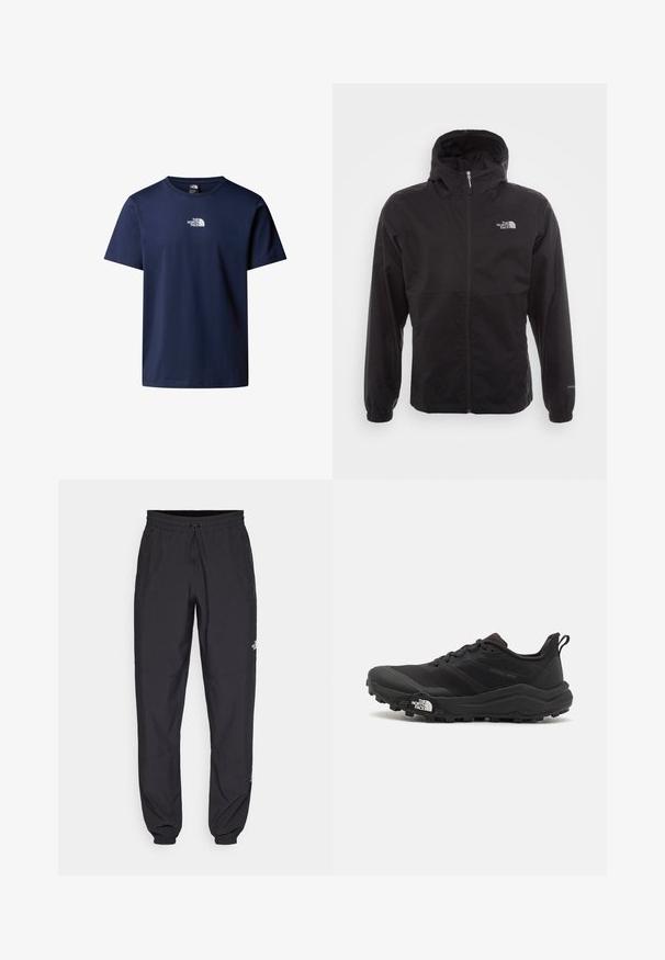 Svart vattentät jacka med full dragkedja, justerbar huva, elastiska ärmslut och en logotyp på bröstet; lätt och slät textur.; Marinblå bomullströja med klassisk rund halsringning och korta ärmar, med en vit logotyp på bröstet. Slät textur, odekorerad design.; Svarta träningsbyxor tillverkade av lättviktsmaterial, med dragsko i midjan, sidofickor och avsmalnande muddar vid anklarna.; Svart terränglöparsko med en strukturerad ovandel, gummisula och förstärkt tåhätta. Har en vadderad krage och en dragflik för enkel påtagning.