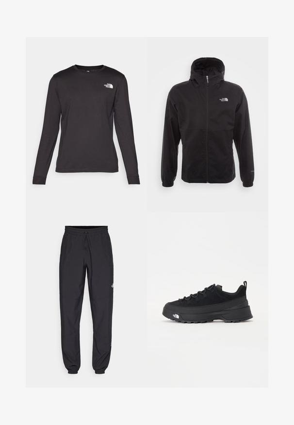 Svart vanntett jakke med full glidelås, justerbar hette, elastiske mansjetter og logo på brystet; lett, glatt tekstur.; Langermet svart t-skjorte laget av myk bomull, med rund hals og en liten hvit logo på øvre venstre side. Jevn tekstur.; Sorte idrettsbukser laget av lett stoff, med snor i livet, sidelommer og smale mansjetter ved anklene.; Svart utendørs sneakers med overdel i semsket skinn, teksturert gummisåle og solid snøresystem. Har forsterket hæl og merkevarelogo på siden.