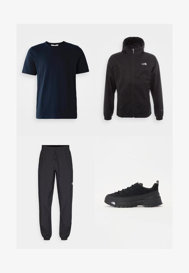Černá nepromokavá bunda s celopropínacím zipem, nastavitelnou kapucí, elastickými manžetami a logem na hrudi; lehká, hladká textilie.; Námořnická modrá tričko s krátkým rukávem vyrobené z bavlny, s kulatým výstřihem a hladkým povrchem bez vzorů nebo akcentů.; Černé sportovní kalhoty vyrobené z lehké tkaniny, s páskem na šňůrku, bočními kapsami a zúženými manžetami na kotnících.; Černé venkovní tenisky s horní částí ze semiše, texturovanou gumovou podrážkou a pevným šněrováním. Obsahují zesílenou patu a logo značky na boku.